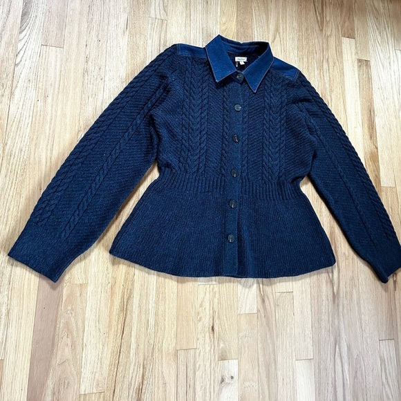 PILCRO anthropologie peplum cable cardigan collared sweater jacket navy size XL - Picture 8 of 14